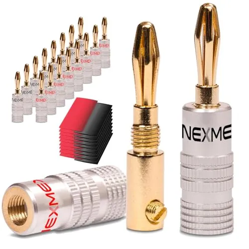 NEXMEX Bananenstecker mit Schrumpfschlauch - 18 Stück Stecker als Set - Steckverbinder 24K vergoldet für Lautsprecherkabel - für HiFi Receiver Verstärker