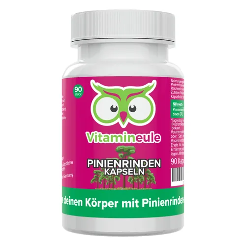 Pinienrindenextrakt Kapseln - Vitamineule® - 90 Kapseln mit hochwertigem Pinienrindenextrakt, ideal für die tägliche Unterstützung, hergestellt in Deutschland und frei von künstlichen Zusatzstoffen. 100% vegan und mit Zufriedenheitsgarantie.