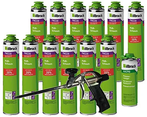 illbruck Profi Set 12x FM220 Bauschaum PUR-Schaum á 750ml Dosen + illbruck AA290 Reiniger + Schaumpistole Professionell