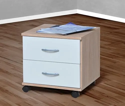 VOGL Möbelfabrik Rollcontainer in Sonoma Eiche und Perl Weiß - Praktischer Rollcontainer mit 2 Schubladen, ideal für Home Office oder Büro. Pflegeleicht und platzsparend mit einer Höhe von nur 41 cm.