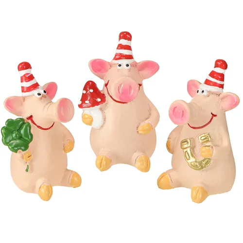 Glücksschwein Figuren mit Glücksbringern für Tischdeko und Geschenke, 6 Stück