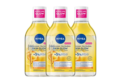Nivea Gesichtswasser Mizellenwasser Skin Glow Make-Up Entferner reinigend 3x400ml, 3-tlg., Vitamin C, Vitamin E
