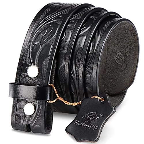 HJones Herren Ersatzgürtel Keine Schnalle Gürtel Riemen, Männer Ledergürtel mit Silber Snap On Gürtel Ohne Schnalle 1 1/2 Zoll Breit(Schwarze Blume, 38“)