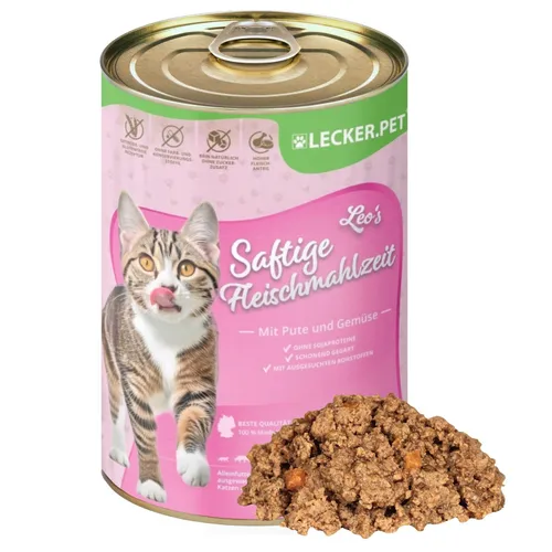g Lecker.Pet® Leo's Saftige Fleischmahlzeit mit Pute & Gemüse - 18 x 400g - Katzenfutter mit 65% frischem Putenfleisch und Gemüse, ideal für ernährungssensible Katzen. Frei von künstlichen Zusätzen und Getreide, unterstützt die Gesundheit von Haut und Fell.