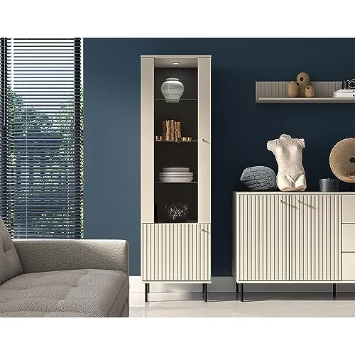 Lomadox Wohnzimmer Vitrine mit goldfarbenen Metallgriffen - Elegante Glasvitrine in kaschmir matt mit Softclose-Funktion und LED-Beleuchtung, ideal für stilvolle Wohnräume. Maße: B/H/T ca. 92/190/53 cm.