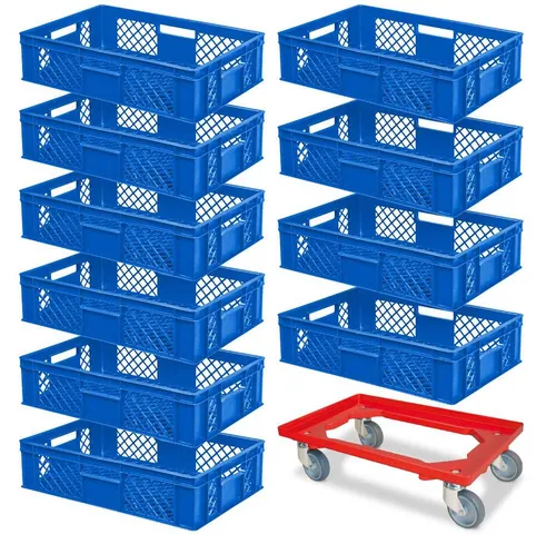 BRB-Lagertechnik Stapelbox Set mit Transportroller - Set aus 10 Eurobehältern (600x400x150 mm) und Transportroller. Ideal zum sicheren, platzsparenden Lagern und Transportieren von Lebensmitteln. Hergestellt aus lebensmittelechtem, robustem Kunststoff.