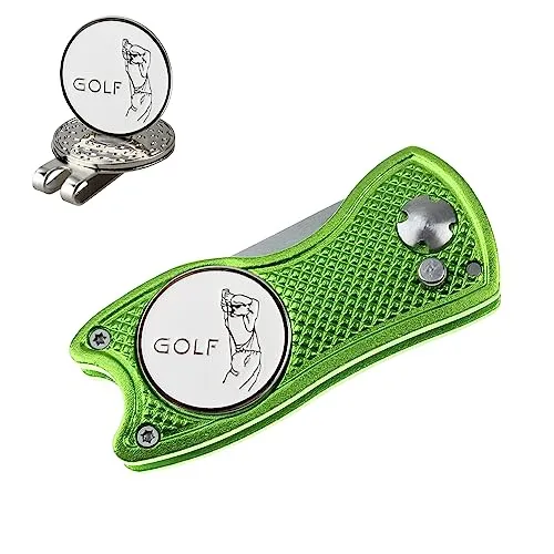 Crestgolf Pitchgabel Golf Klappbar, Manuell Golf Pitchgabel mit Magnet Ballmarker, Switchblade Golf Pitchgabel Tragbares Golf Reparaturzubehör Hellgrün