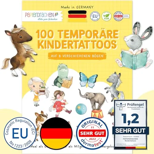 Papierdrachen 100 besonders hautfreundliche Kindertattoos - Tattoos Pferde und Lesefreunde - für Kinder - für Jungen und Mädchen - geprüft & made in Germany - Set 22
