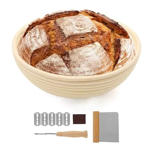 Gärkörbchen, 23cm Brot Gärkörbe für Sauerteig, inklusive Leineneinlage, Metall-Teigschaber, zusätzliche Klingen, Backschüssel für aufgehenden Teig, Geschenke für handwerk