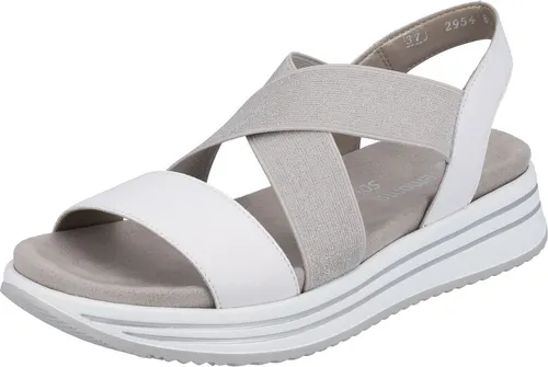Remonte Damen Sandalen R2954-80 in Weiß/Silber - Elegante Remonte Sandalen aus Glattleder mit herausnehmbarer Innensohle für individuellen Komfort. Die flexible Laufsohle und schimmernde Gummibänder sorgen für eine perfekte Passform und entspannten Tragekomfort.