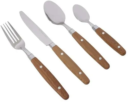 Gimex Wood Nature Line Besteckset 16-tlg. - Campinggeschirr, hochwertiges 16-teiliges Besteckset aus 18/8 Edelstahl und robustem ABS-Kunststoff, ideal für Outdoor-Abenteuer und Picknicks.