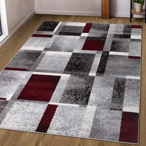 oKu-Tex Teppich Wohnzimmerteppich [60x110 cm] weicher Kurzflor grau rot kariert - Grauer Teppich für das Wohnzimmer - Carpet Living Room - geometrisches Patchwork Design - Deutsche Marke