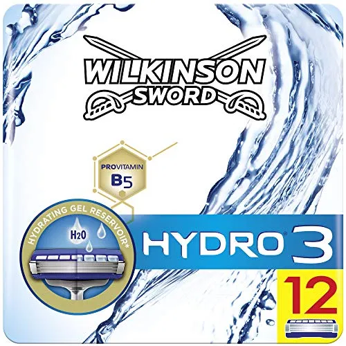 Wilkinson Sword Hydro 3 Rasierklingen für Herren, 12 Klingen - Rasierer für Herren mit 3 Ultra Glide Klingen und wasseraktiviertem Gel Reservoir für eine sanfte, feuchtigkeitsspendende Rasur ohne Hautirritationen.