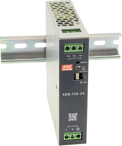 MEANWELL AC-DC-Industrienetzteil Hutschiene 75,6W 12V 6,3A - Ultraflaches 75W AC/DC DIN-Schienen-Netzteil für energieeffiziente Anwendungen, mit einem breiten Eingangsspannungsbereich von 85-264Vac und einem Wirkungsgrad von 91%.
