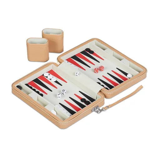 relaxdays Spiel Backgammon Reisespiel - Gesellschaftsspiel für unterwegs mit eleganter Lederoptik, inklusive handlicher Tasche und integrierten Ablagen für Spielsteine und Würfel.