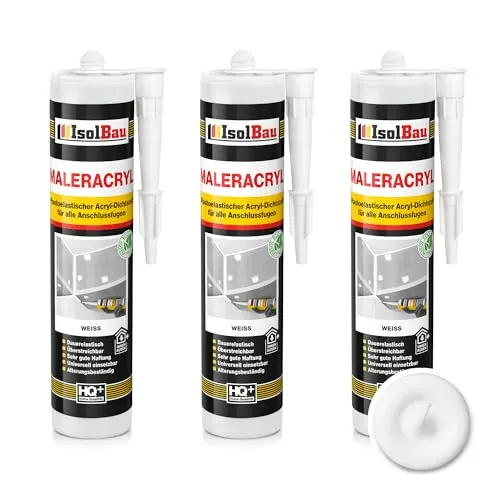 Isolbau Maleracryl 3 x 300 ml Weiß - Plastoelastischer Acryl-Dichtstoff zum Abdichten von Fugen im Innen- & Außenbereich - Kartusche