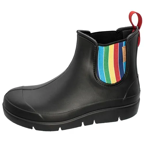 FISCHER Damen Gummistiefel Kurzstiefel schwarz, Größe EUR 42 - Wanderschuhe mit herausnehmbaren Einlagen, wasserabweisend und ideal für regnerische Tage. Stylisches Design mit bunten Stretcheinsätzen für zusätzlichen Komfort.