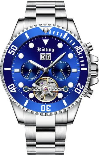 Rötting Design Herrenuhr Automatikuhr blaue Lünette zum Drehen DATUMSANZEIGE Handgelenkumfang 20