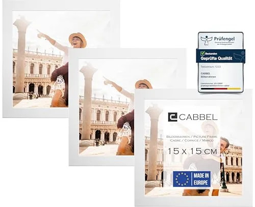 CABBEL Dreierpack (3 Stk.) Bilderrahmen 15x15 cm MDF Holz-Rahmen in Weiß | mit bruchsicherem Plexi-Glas/Modern