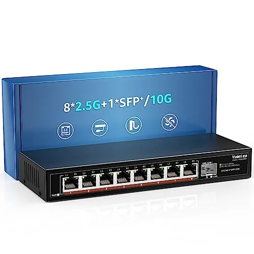 Port 2.5G Unmanaged Desktop Ethernet Switch mit 10G SFP, 8 x 2.5G Port, 60Gbps Switching Kapazität, Kompatibel mit 100/1000/2500Mbps, Metall Lüfterlos YuanLey 2.5Gbe Netzwerk Switch Wandmontage 8