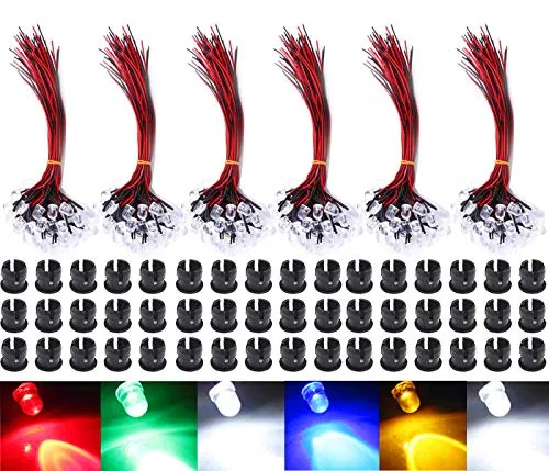 GTIWUNG 60Pcs 5mm Leds mit 20cm Kabel, DC 12V Vorverdrahtetes Licht, Vorverdrahtete LED-Dioden Licht (Rot, Gelb, GRÜN, Weiß, Warmweiß, Blau, Jeder10Pcs) + 60Pcs 5mm LED Montageringe Plastik