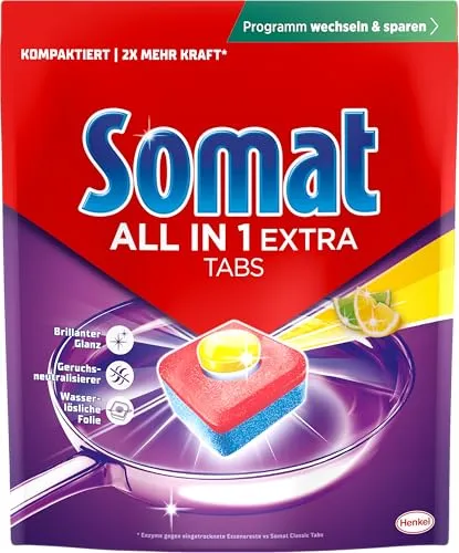 Somat All in 1 Extra Spültabs Zitrone (92 Tabs), Spülmaschinentabs | Geschirrspültabs, optimal für Eco- und Kurzprogramm, entfernt eingekrustetes & sorgt hinterlässt frischen Zitronenduft