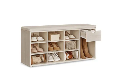 VASAGLE Schuhbank Schuhregal, Flur, Schlafzimmer und Eingangsbereich, 30 x 104 x 48 cm (1 Schublade, 10 offene Fächern), Sitzbank, gepolsterter Sitz, naturbeige-cappuccinobeige