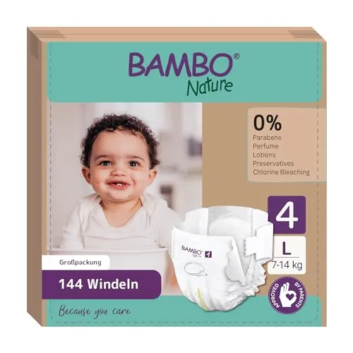 Bambo Nature Baby Windeln Größe 4 (7-14kg) 144 St. Monatsbox | Premium Diapers mit verbesserter Auslaufsicherheit | Ultimativen Komfort & Freiheit für Aktive Kinder, Dermatologisch getestet Nappies