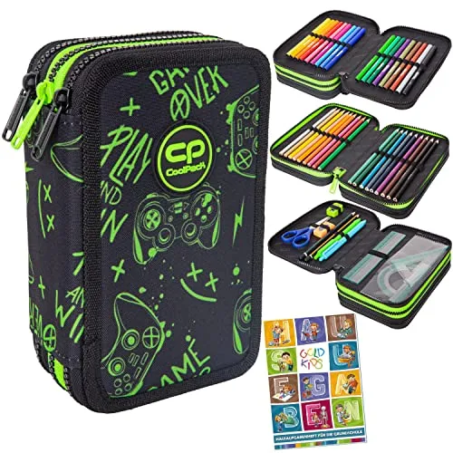 Goldkids Federtasche Game Night 46-teilig - Praktisches 3-faches Federmäppchen mit 46 Teilen, ideal für Schüler. Enthält alles für den Schulalltag, inklusive Hausaufgabenheft. Platzsparend und stylisch!