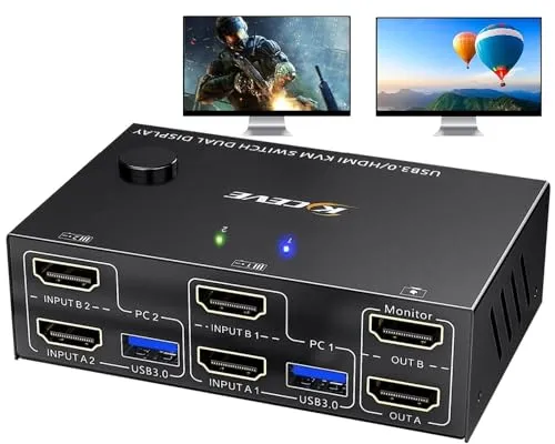 Camgeet KVM Switch 2 PC 2 Monitore 4K@60Hz/ 2K@144Hz, HDMI KVM Switch Dual Monitor EDID Emulator, für Zwei Computer und 4 USB 3.0 Ports, kvm umschalter mit wired remote and 2 HDMI cable