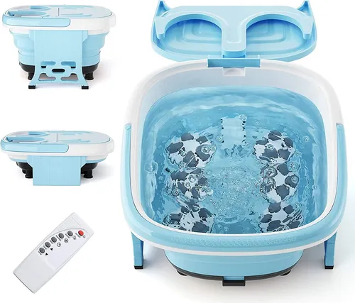 GOPLUS Fußbad mit Sprudel- und Vibrationsmassage, Fußbadewanne mit Fernbedienung, Klappbares und elektronisches Fußsprudelbad, 10-60 Min. Timer (Blau)