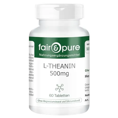 Fair & Pure L-Theanin hochdosiert 500mg - 60 Tabletten - Aminosäure ohne Zusätze, ideal für ruhige Momente im Alltag. Jede Tablette enthält 500mg L-Theanin, vegan und in Deutschland hergestellt.