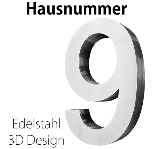 V2Aox Edelstahl Hausnummer 20 cm – 3D Design Ziffer 9 - Hochwertige Edelstahl-Hausnummer im eleganten 3D-Design. Ideal zur Gestaltung Ihres Eingangs. Inklusive unsichtbarer Befestigungselemente für eine saubere Montage.