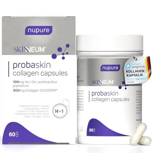 Nupure® Probaskin Kollagen Kapseln Ovoderm® Innovative 14-in-1 mit Lactobacillus patentierten Milchsäurebakterien, essentiellen Hautnährstoffen mit Q10, Biotin, Vitamin E, C, A, 60 Kapseln.