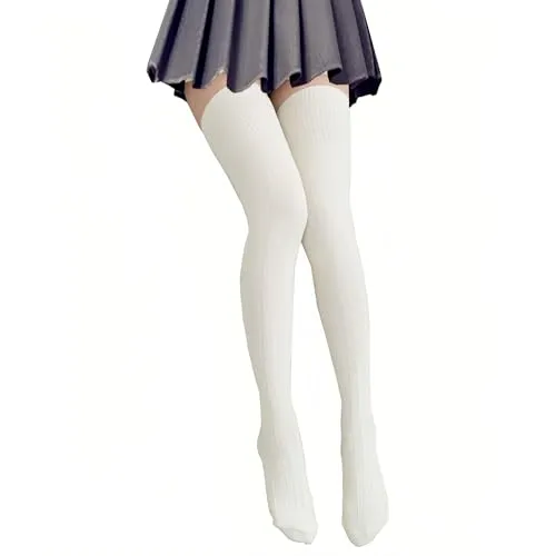 Bakicey Damen Kniestrümpfe Socken Overknee Strumpfhosen Baumwollstrümpfe Stricksocken Stützkniestrümpfe Gestrickte Hoch Über das Knie Lange Winter Strümpfe, 74cm Weiß