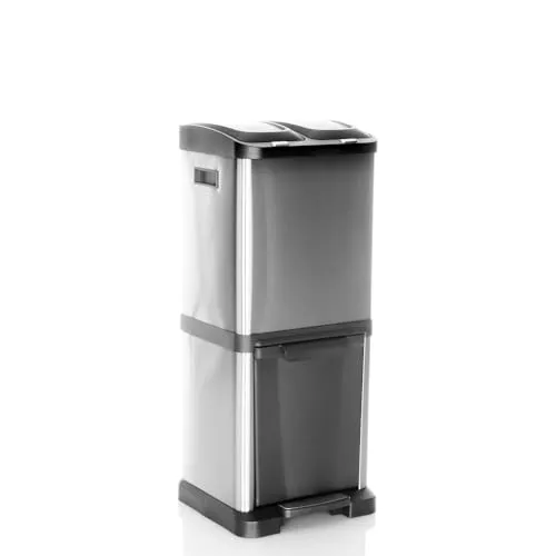 hjh OFFICE Mülleimer 3 Fächer 32 L CLEAN VII Metall - Haushaltszubehör mit 3 stabilen Inneneimern (2x 8L + 1x 16L) für effektive Mülltrennung, ideal für Büros und Home Offices, aus pflegeleichtem Edelstahl.