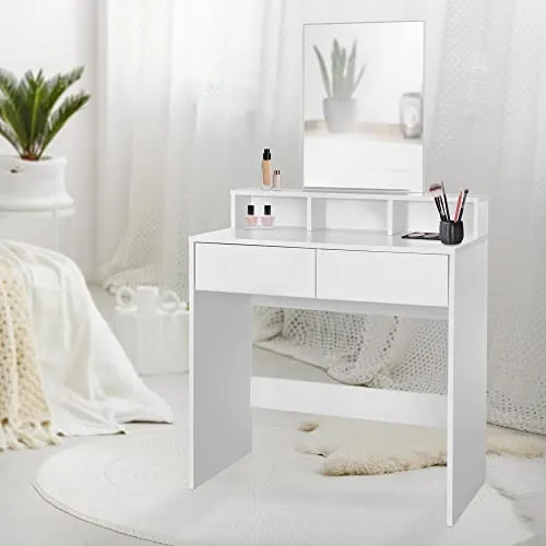 ML-Design Schminktisch, Frisiertisch mit rechteckigem Spiegel und 2 Schubladen, 80 x 40 x 140 cm, Weiß, modern, Kosmetiktisch mit 3 offenen Fächern, Frisierkommode Schminkkommode Kommode Make-up Tisch