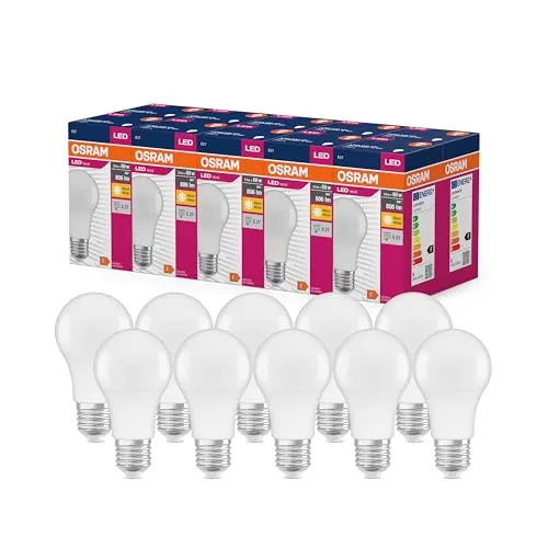 Osram LED Star Value Classic A60 LED Lampe für E27 Sockel, Birnenform, FR, 806 Lumen, warmweiß (2700K), Ersatz für herkömmliche 60W Glühbirnen, nicht dimmbar, 10er-Pack, White