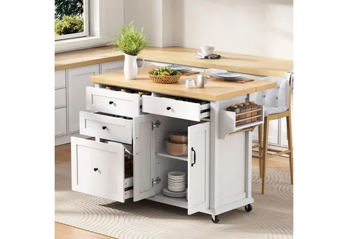 Odikalo Kücheninsel mit Rollen ausziehbar Esstisch Küchenwagen Multifunktions-Schubladen