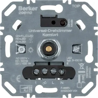 Berker 296110 Universal-Drehdimmer Komfort - Smart Home - Universal-Drehdimmer mit Softrastung und lampenschonendem Softanlauf für eine individuelle Lichtsteuerung in jedem Raum.