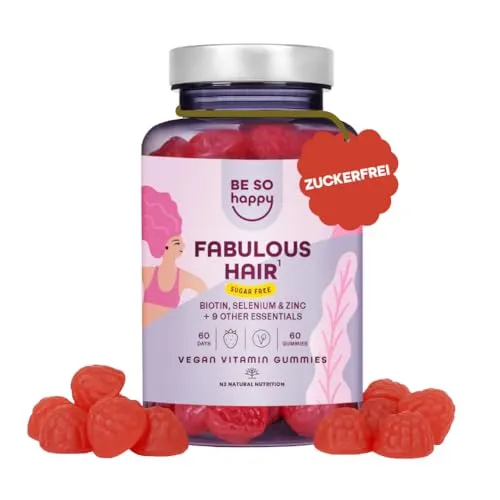 Haar Gummibärchen Biotin Hochdosiert 6000mcg, Haar Vitamin mit Selen + Zink + Vitaminen A, B6, B12, C, D, E, 60 gummies, Erdbeergeschmack, Vegan, BeSoHappy