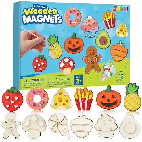 JOYIN 12 Stück Holzmagnetset, Bastelset für Kinder ab 3-12 Jahren, Holz Magnet Malset zum Bemalen Set,Kühlschrankmagnet-Bastelset für Jungen und Mädchen,Geburtstagsgeschenke,Osterbasteleien