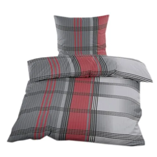 Casa Colori Seersucker Bettwäsche 2 TLG. 135 x 200 mit Reißverschluss Bettgarnitur Sommerbettwäsche Anthrazit Rot Kariert