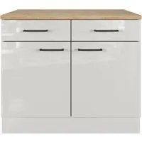 Flex Well Unterschrank Lund mit Schublade und Drehtür - Küchenunterschrank 100 cm in lichtgrau glänzend mit reversiblen Türen für flexiblen Einbau. Ideal für Küche oder Hauswirtschaftsraum mit viel Stauraum und modernem Design.