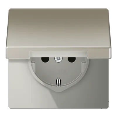 Jung SCHUKO-Steckdose mit Klappdeckel und Berührungsschutz (Edelstahl) - Edelstahl SCHUKO-Steckdose 16 A mit Klappdeckel, erhöhtem Berührungsschutz und IP 44 Schutzgrad, ideal für sichere Anwendungen im Innen- und Außenbereich.