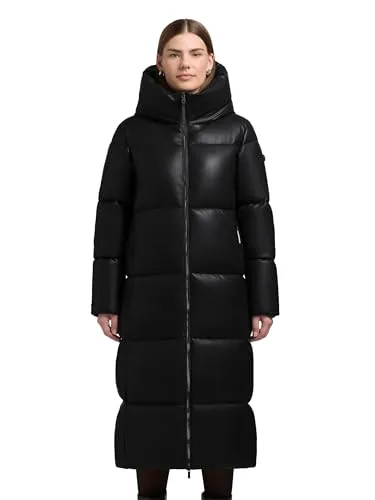 khujo Damen langer Wintermantel warmer wasserabweisender Steppmantel in Lederoptik mit 2-Wege-Reißverschluss und Kapuze Destiny Black Gr. S
