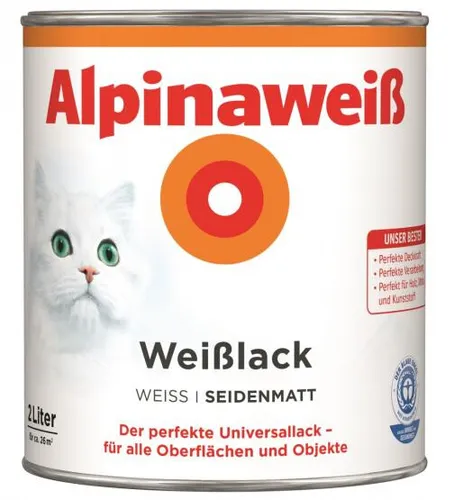 Alpina Weißlack 2 Liter seidenmatt - Lacke, perfekt deckend und geruchsarm, ideal für umweltbewusste Projekte dank Blauer Engel Auszeichnung, schnelltrocknend und stoßfest für langlebige Ergebnisse.
