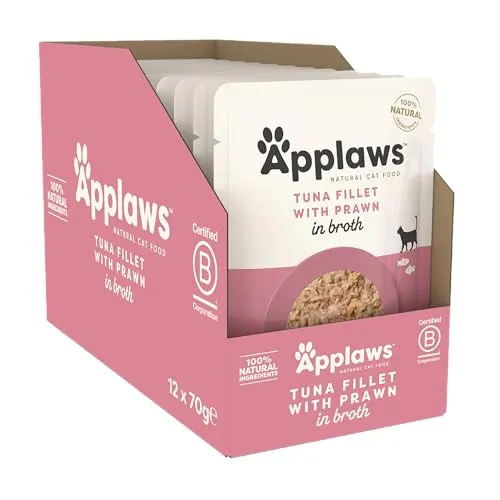 Applaws Premium Natural Katzenfutter Nass, Thunfischfilet mit pazifischer Garnele in Brühe 70g Portionsbeutel (12x70g )