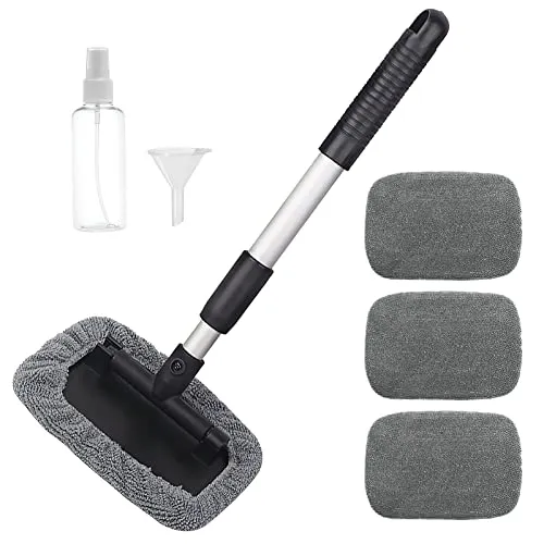 Autowaschbürste mit Teleskopstiel Set mit 4 Waschbürstenüberzug, Scheibenreiniger Auto Windschutzscheiben Reiniger Autoscheiben Innenreiniger, Grau Microfaser Reinigungsbürste Auto Reinigungsset