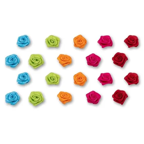 Creativery Satinrosen 15mm 20 Stück - Farbauswahl in 10/15/20/30/60mm - farbecht & waschbar - Kleine Stoffrosen zum Aufnähen - Satin Röschen zum Basteln Nähen Kleben Dekorieren - Bunt